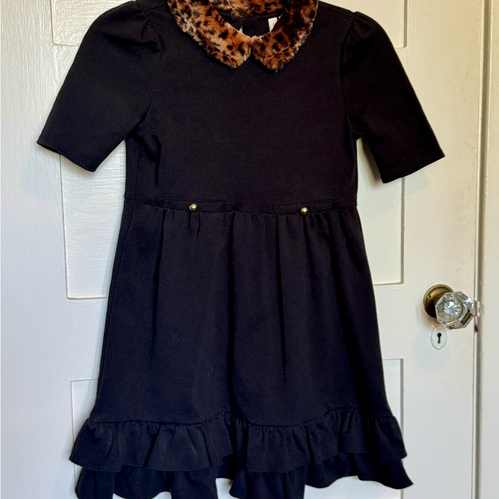Janie and Jack Black Dress with Leopard Print Collar